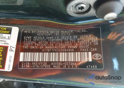 2012 Toyota Camry Se z USA, uszkodzony, nr VIN 4T1BF1FK2CU084806